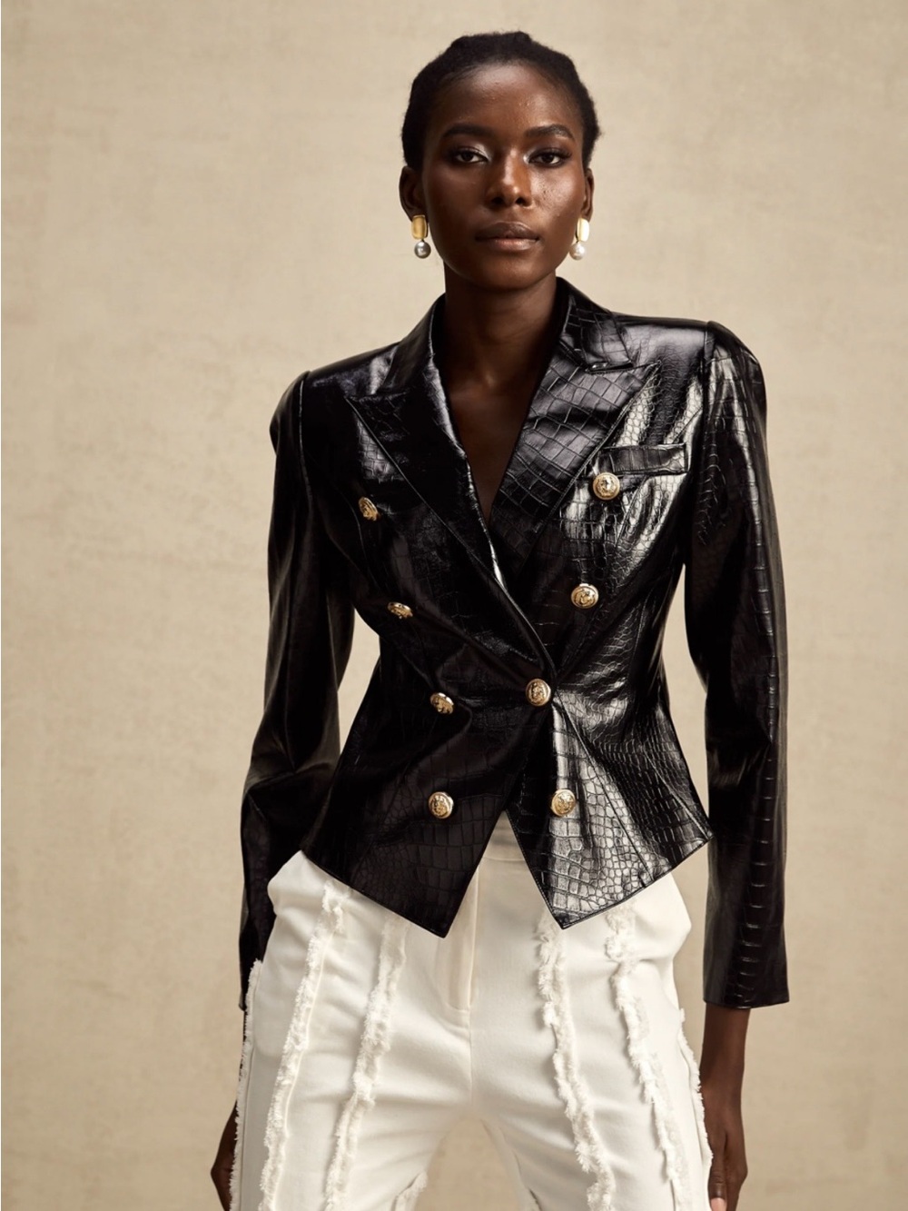 Veronica Beard Dicky  Black Faux-Croc Double-Breasted BlazerJacket